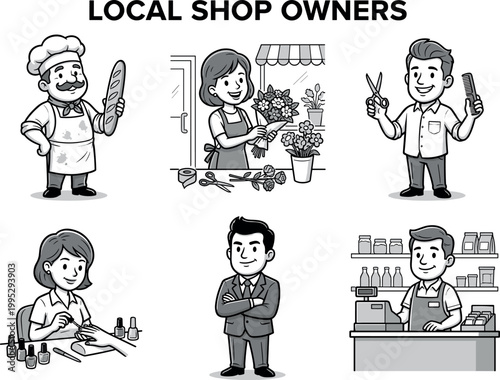 Six diverse local shop owners in retro cartoon style