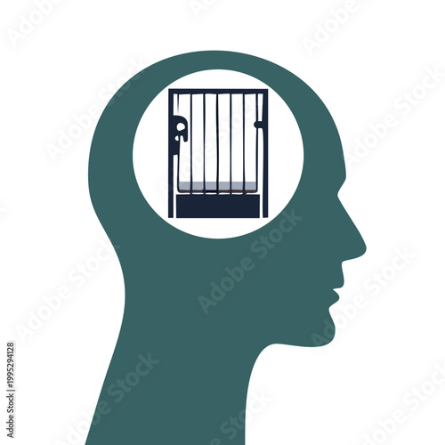 Silhouette of a human head in profile with a mental cage door inside symbolizing psychological barriers freedom or trapped thoughts silhouette psychology internal limitation opportunity entrance