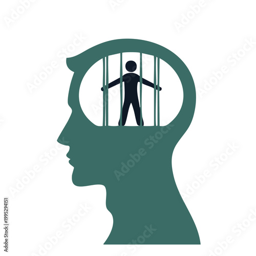 Human head silhouette in profile with a person trapped behind bars inside representing mental confinement psychological prison or internal struggle well being silhouette psychology confinement