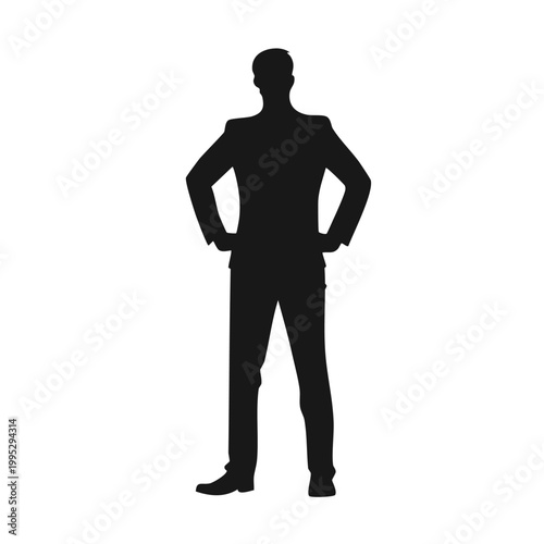Full length black silhouette of a businessman standing confidently with hands on hips vector illustration white background businessman silhouette standing corporate professional executive