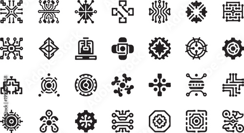 Geometric shapes and symbols in black and white