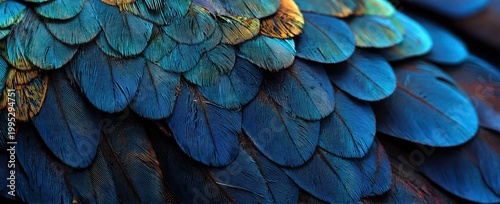 Close-up macro of vibrant blue and gold bird feathers, overlapping