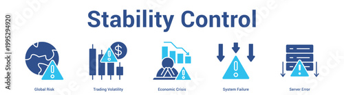 Stability Control web banner icon set vector illustration concept for business with icon of Global Risk, Trading Volatility, Economic Crisis, System Failu.