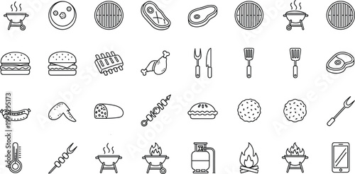BBQ grill food icons set with barbecue meat tools minimal outline vector collection cooking design elements