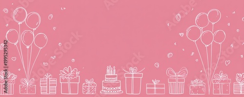Birthday celebration with balloons, gifts, and cake line art