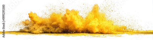 Bright yellow powder exploding with particles against white