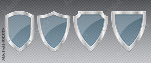Four unique metal shield designs for protection on a transparent backdrop.