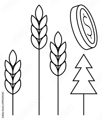 Agriculture, economy, sustainability, natural resources, farming, finance. Wheat stalks, a pine tree and a dollar coin in clean black line art. Agriculture and economy symbolic design