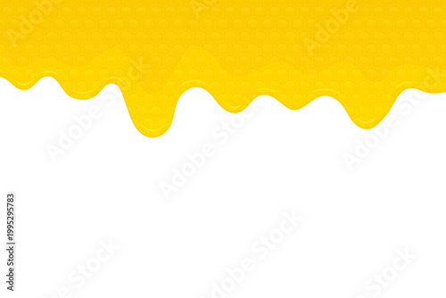 Dripping honeycomb pattern in golden yellow tones against a white background.