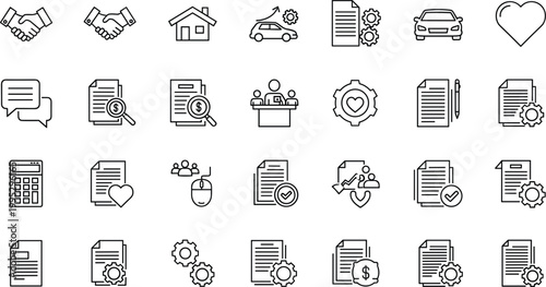 Business agreement and document icons set contract workflow management office line vector collection symbols design