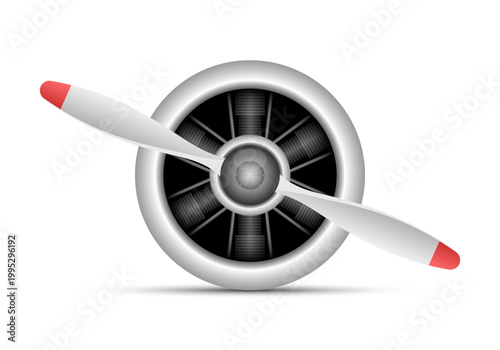 Airplane Propeller: Front view of an aircraft propeller with a silver motor.