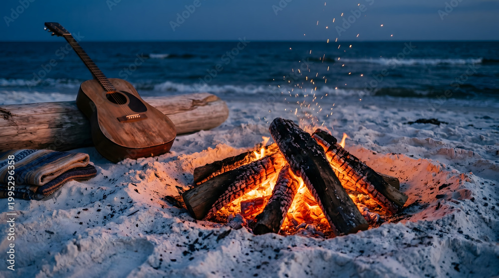 Fototapeta premium A cozy beach bonfire with bright sparks burning on white sand at night next to an acoustic guitar and driftwood log.