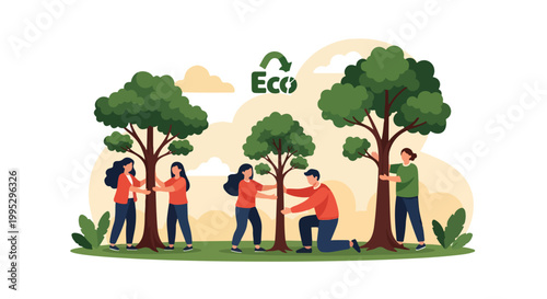 Eco friendly people planting trees, diverse volunteers reforestation project, environmental conservation and sustainability vector illustration