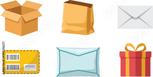 Flat minimalist illustration of shipping delivery icons set with box bag envelope package and gift in grid layout
