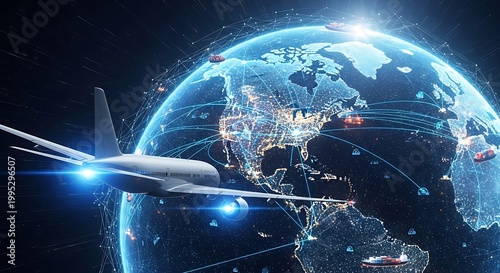 Global Travel and Logistics: Airplane Flying Over Earth with Connected Routes