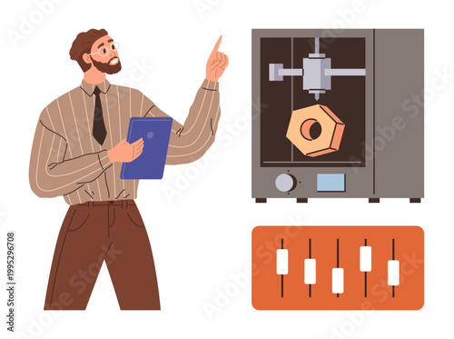 3D printing, engineering, prototyping, industrial design, manufacturing technology, innovation. Man pointing at a 3D printer displaying a project. 3D printing and engineering innovation concept