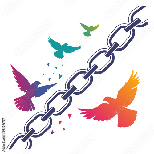 Fotografía Chain links breaking with colorful birds flying.