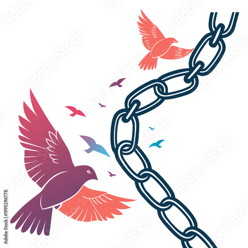 Foto Birds flying breaking free from chain symbol of freedom.