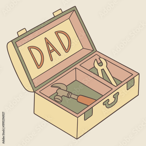 Foto Open vintage dad tool box with hammer and wrench.