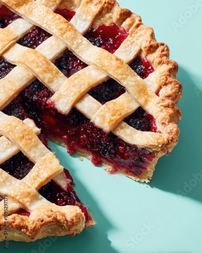 Slice from lattice-topped berry pie on blue background
