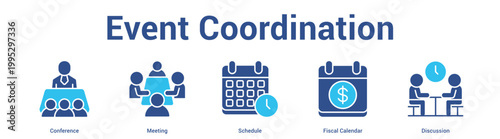 Event Coordination web banner icon set vector illustration concept for business with icon of Conference, Meeting, Schedule, Fis.
