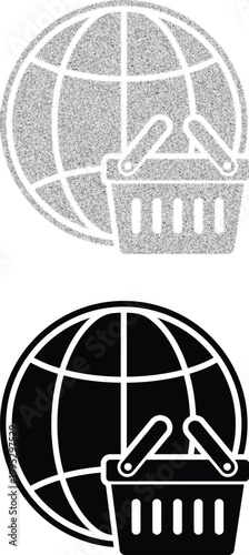 Global Online Shopping Icon with Globe and Basket in Halftone With Silhouette Vector Style