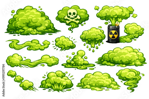 Green toxic clouds set. Symbol of bad smell cartoon. Stinky smoke. Spoiled and rotten food, poison