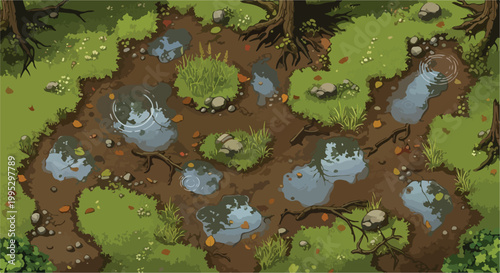 Φωτογραφία Pixel art forest path with water puddles, top-down game environment map, muddy w