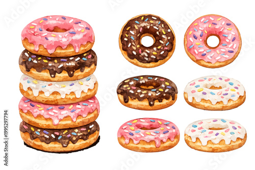 Colorful glazed donuts stack in watercolor style, top and side view. Chocolate, strawberry and white sugar icing with sweet sprinkles on doughnut set on white background