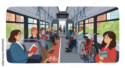 Modern public transport interior with diverse passengers, people commuting on city bus or train, urban transit scene with bicycle and readers