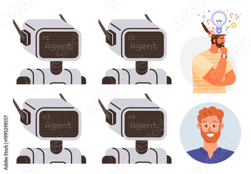 Artificial intelligence, robotics, innovation, creativity, human thinking, and cognitive processes. Multiple AI robots and two humans, one with creative lightbulb ideas. AI and creativity concept