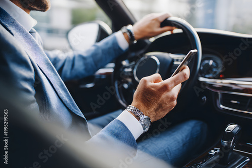 Driver Holding Smartphone Behind Wheel, Traffic Safety and Technology Concept