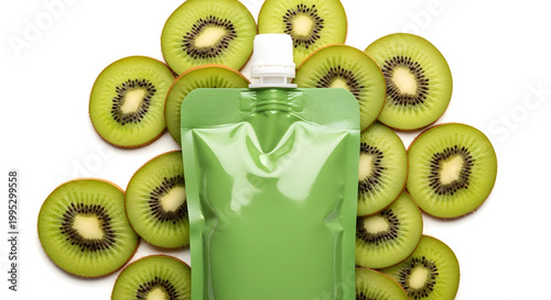Green pouch with spout surrounded by fresh kiwi slices.