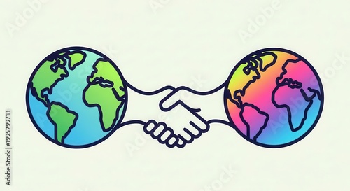 Global Partnership: Earth Globes Shaking Hands, Unity, Diversity, International Cooperation