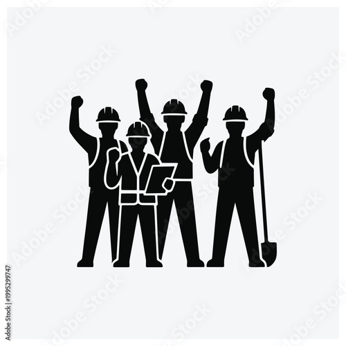 Group of construction workers silhouettes raising hands and holding tools