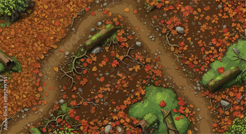 Autumn forest floor game map vector, top down view of woodland trail with orange leaves, isometric RPG environment background with mossy logs