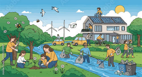 Sustainable green community lifestyle vector, people cleaning river and planting trees, renewable energy with solar panels and wind turbines