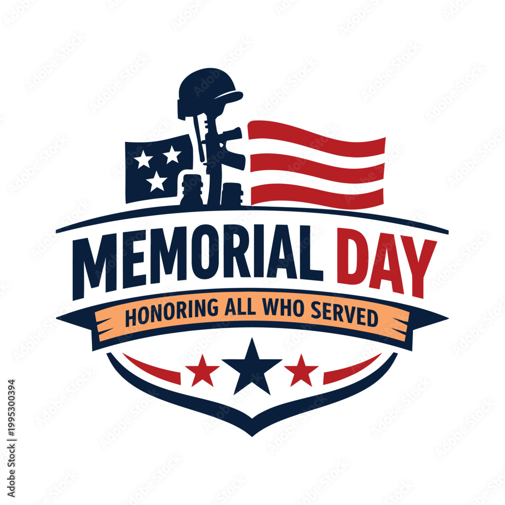 Fototapeta premium Memorial Day emblem honoring service with American flag and military elements Vector Illustration Isolated on white background