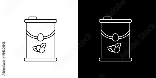 Elegant line art icon illustration of a simple can filled with healthy almonds and a decorative leaf, perfect for natural food packaging and snack branding