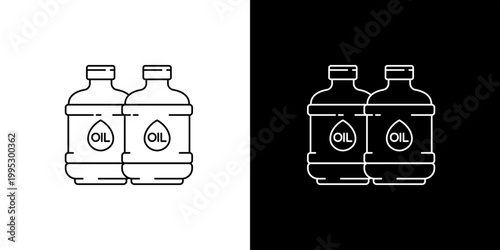 Simple line art icon illustrations of oil containers on white and black backgrounds