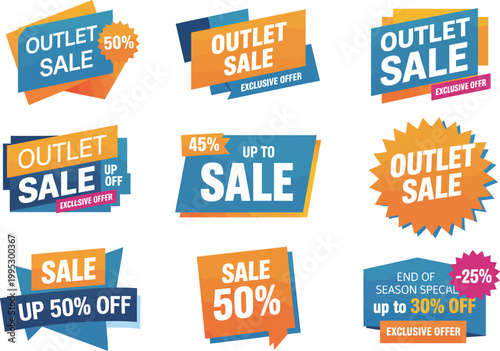 Set of colorful retail promotional banners for clearance events and seasonal shopping discount marketing campaigns