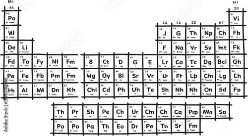 Hand drawn periodic table of elements with invented chemical symbols for science education and research study