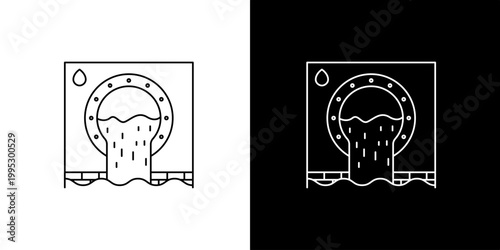 Icon Illustration of flowing water from a drainage pipe with a water droplet above, presented in two contrasting styles