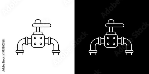 Vector outline icon of an industrial pipeline with a control valve, representing essential plumbing infrastructure for fluid regulation and transport in factories and utilities