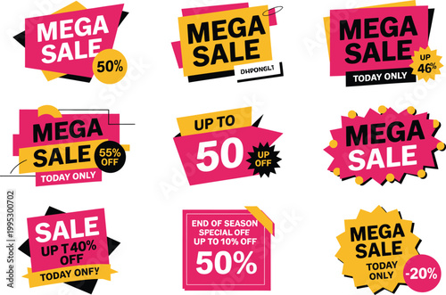 Colorful mega sale promotional banners and retail discount tags for shopping events and marketing campaigns