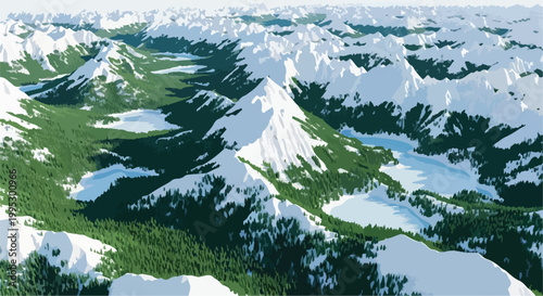 Snowy mountain range aerial view, majestic winter peaks with evergreen pine forests, scenic alpine landscape vector illustration for travel and nature backgrounds
