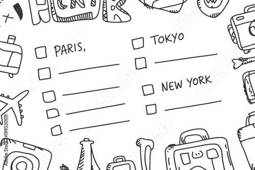Hand drawn travel checklist with iconic city names for planning global vacations and international adventure trips