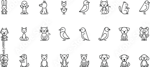 Cute animal icons set with pets characters minimal outline vector collection adorable design elements pack