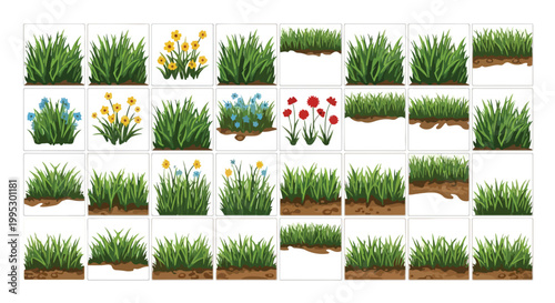 Green grass tufts and spring flowers collection, 32 vector nature elements with soil ground, botanical garden plants for landscape design