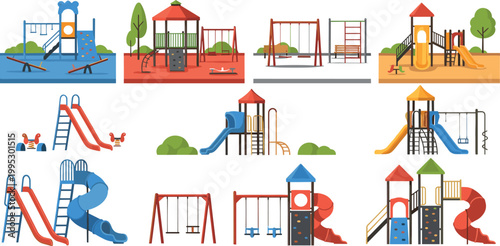 Outdoor playground equipment set with slides swings and climbing structures for children isolated on light background vector illustration collection